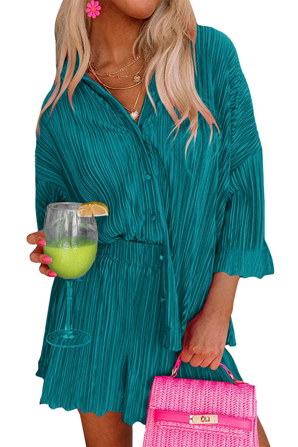 Blue-Green Shirt and High Waist Shorts Lounge Set