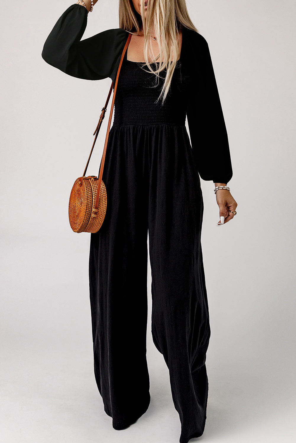 Black Smocked Square Neck Wide Leg Jumpsuit