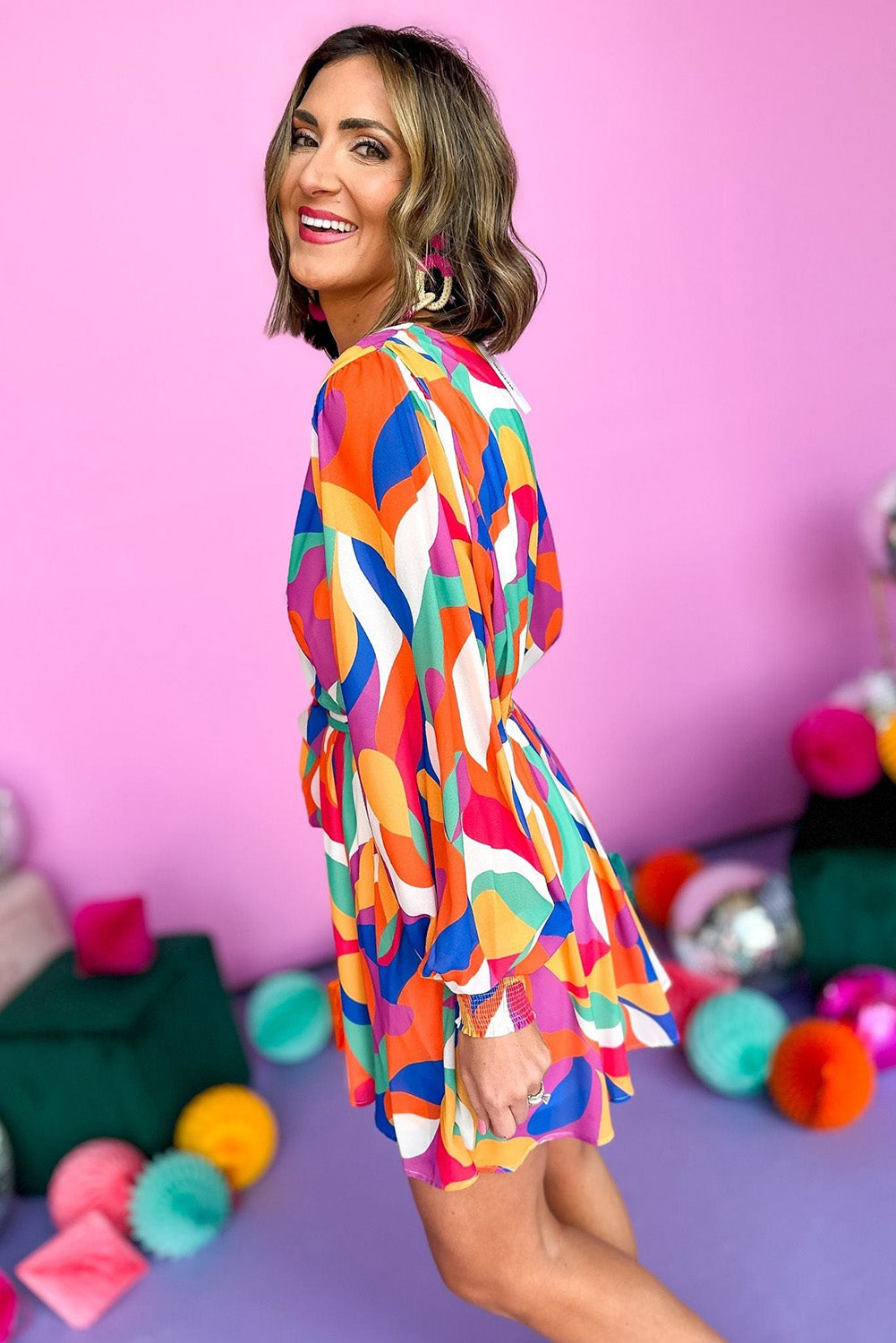 Psychedelic Love Belted Puff Sleeve Mini