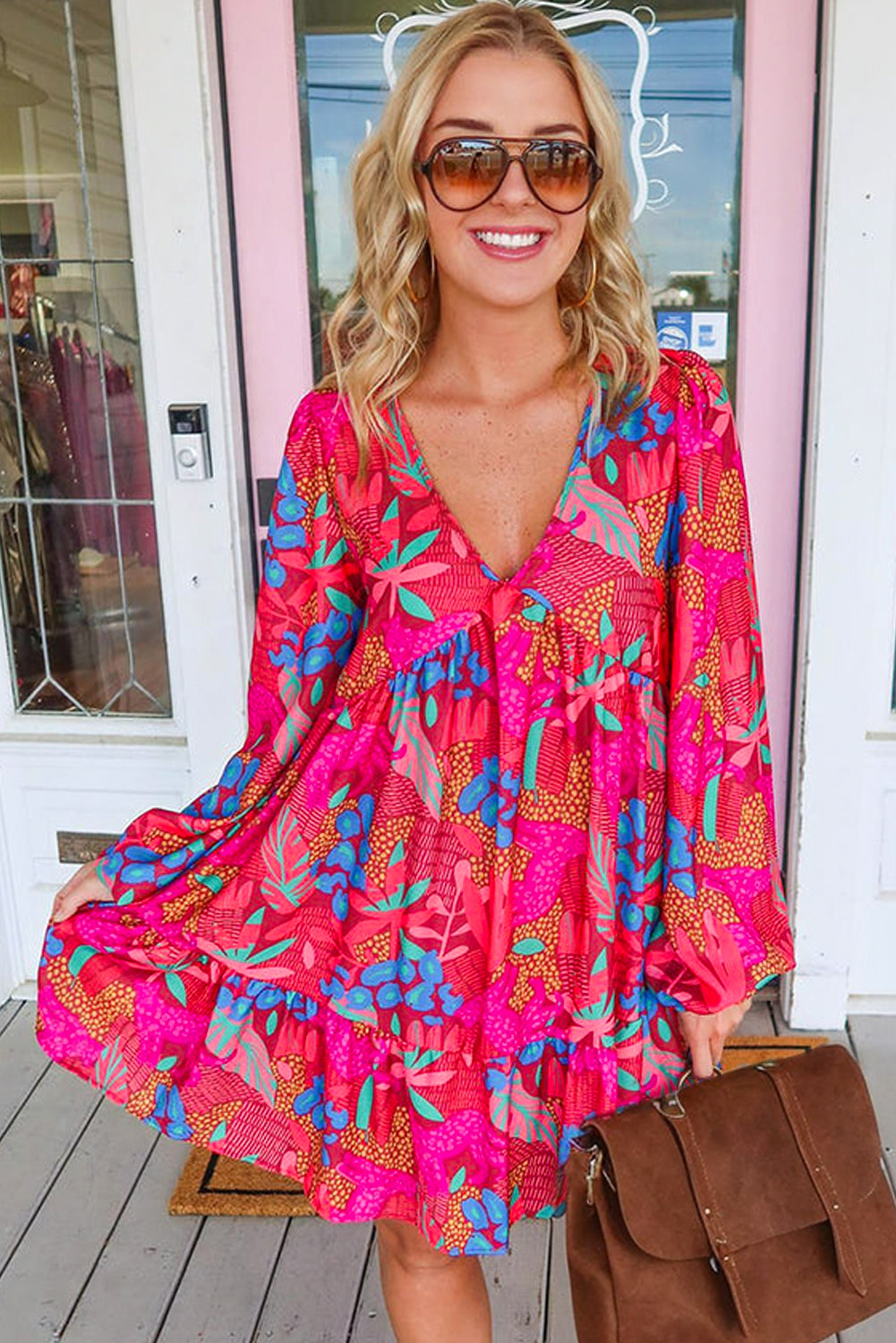 Rose Floral Print Ruffled Mini Dress