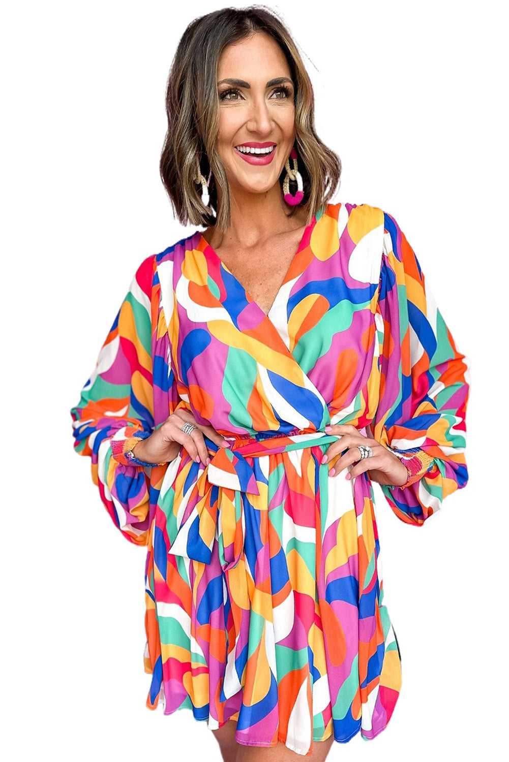 Psychedelic Love Belted Puff Sleeve Mini