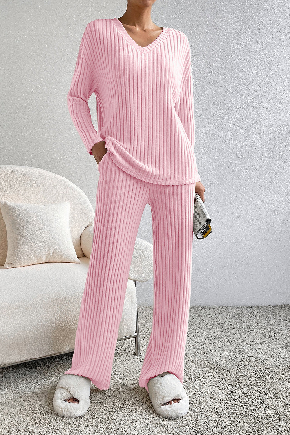 Light Pink Ribbed Knit Slouchy Two-piece 'Fit