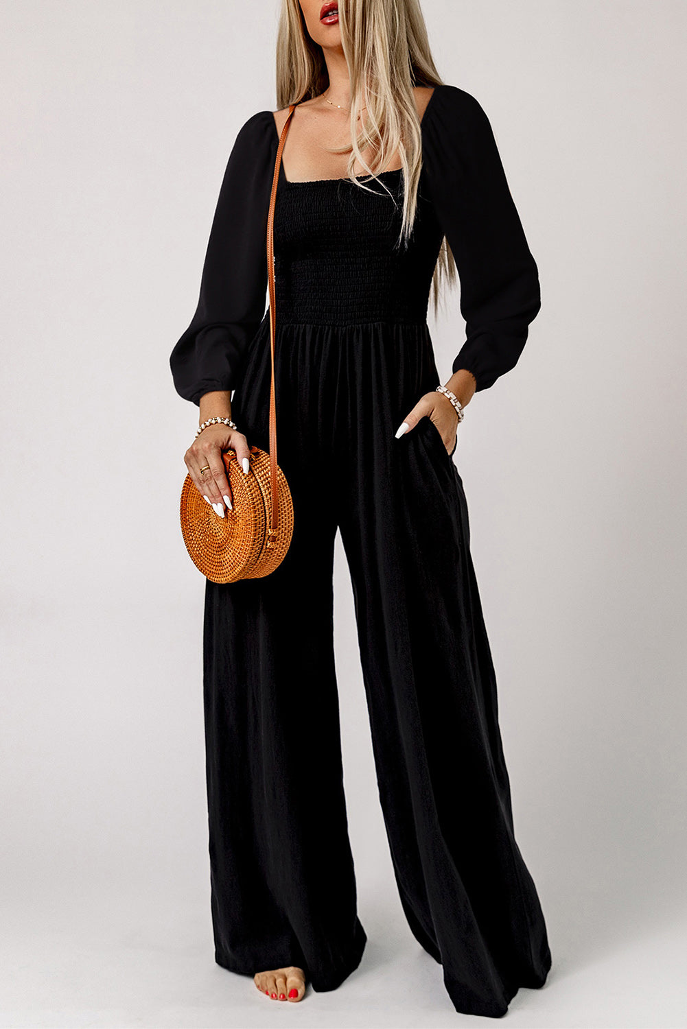 Black Smocked Square Neck Wide Leg Jumpsuit