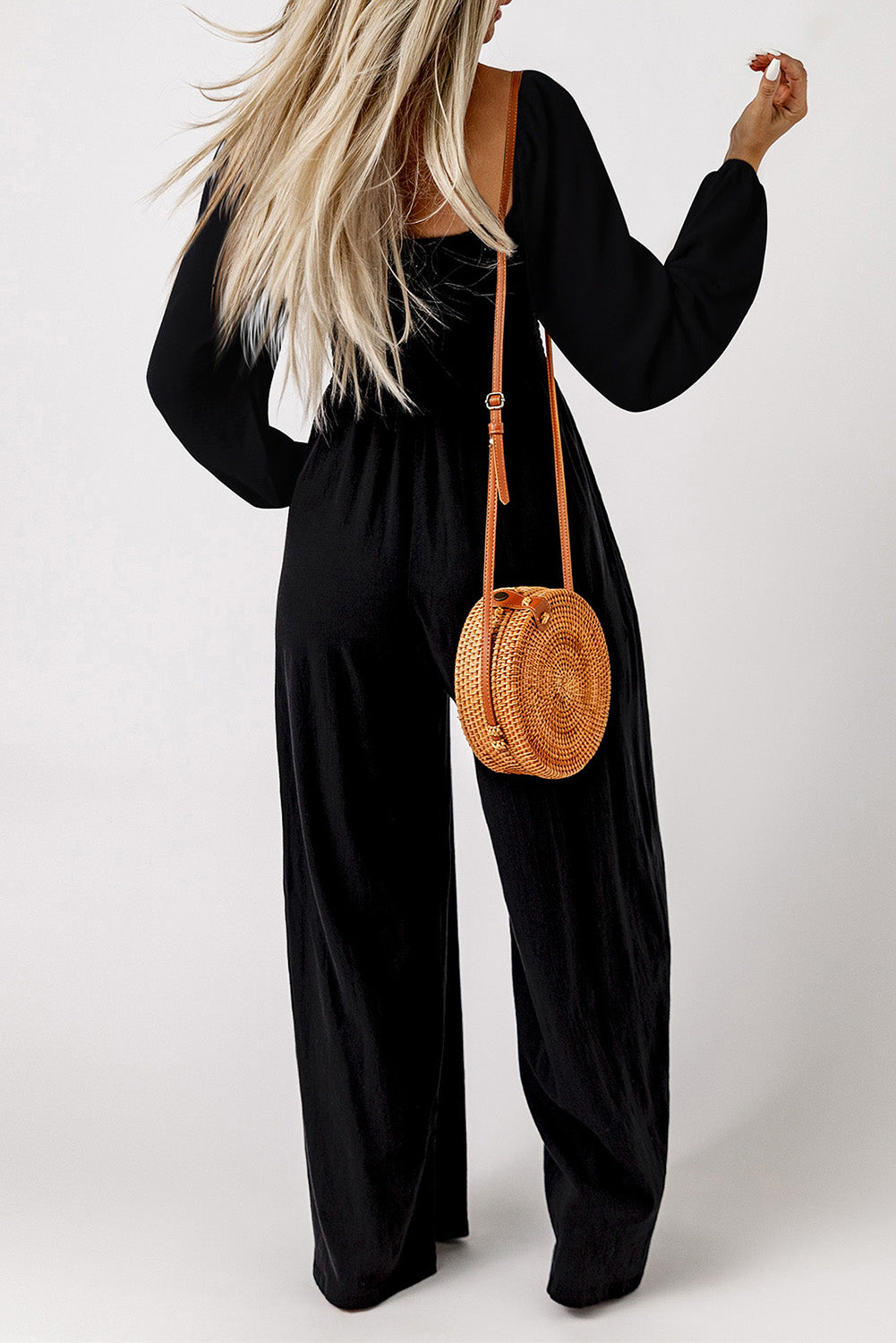 Black Smocked Square Neck Wide Leg Jumpsuit