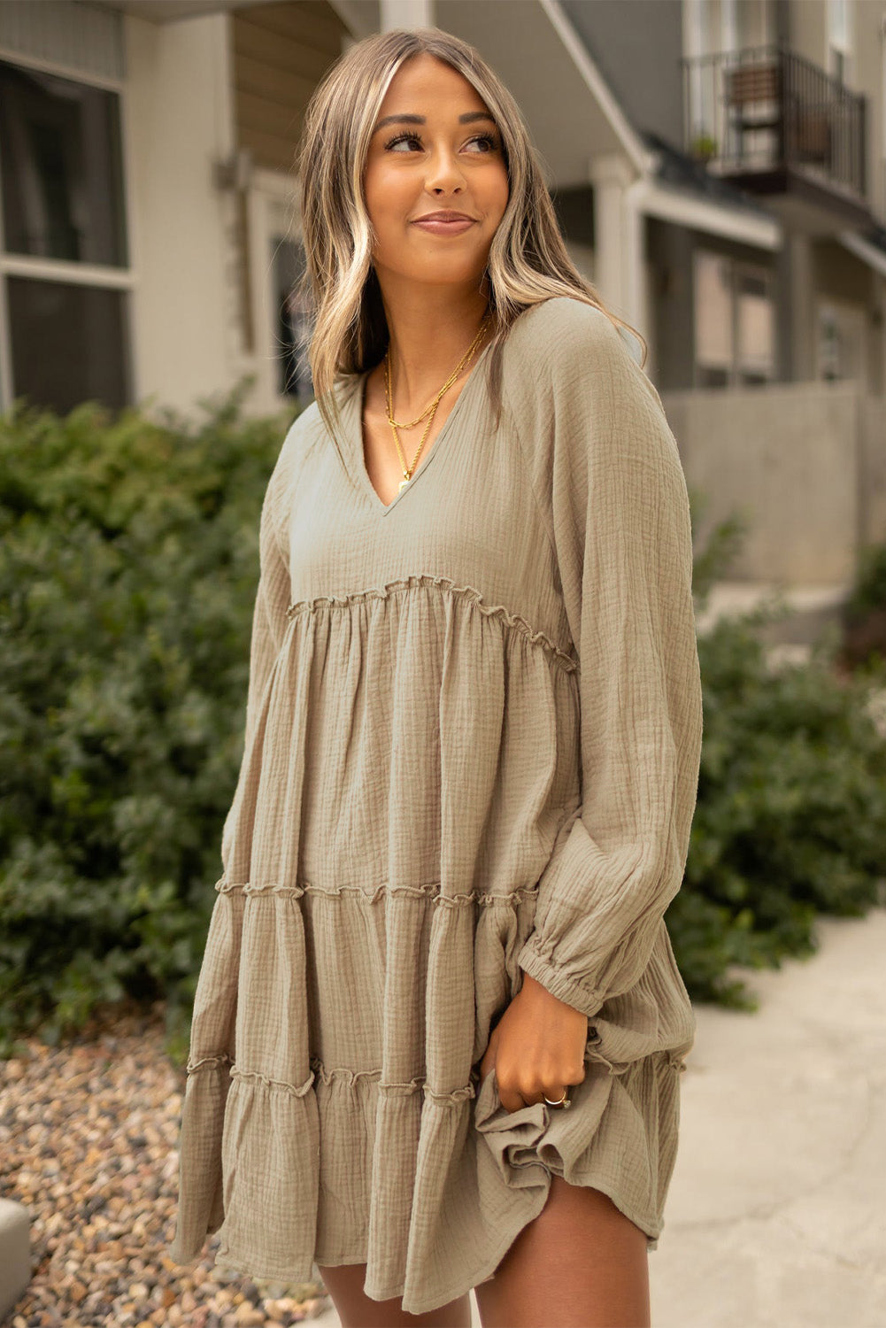 Khaki Cotton Crepe Mini Dress