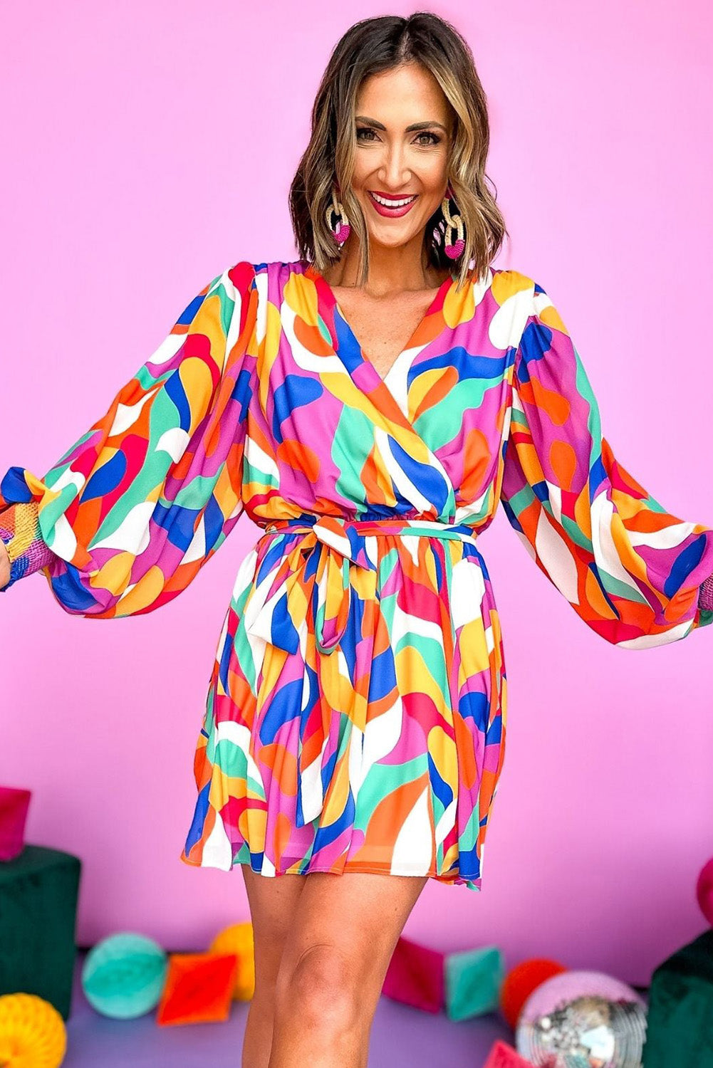 Psychedelic Love Belted Puff Sleeve Mini