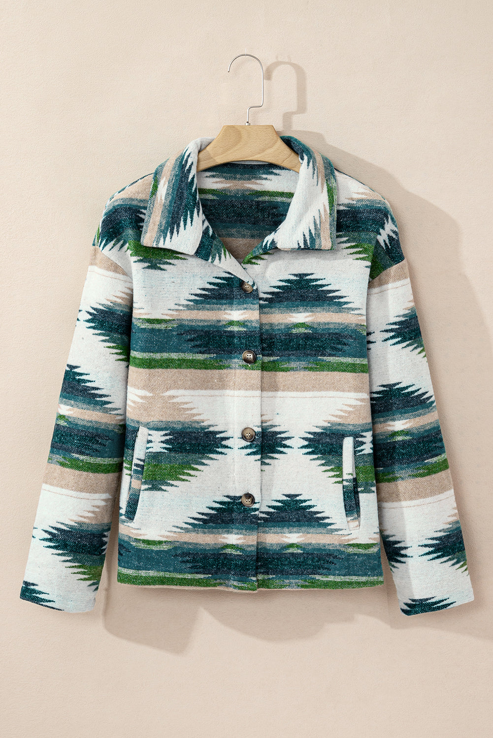 Blackish Green Aztec Print Button Up Long Sleeve Jacket