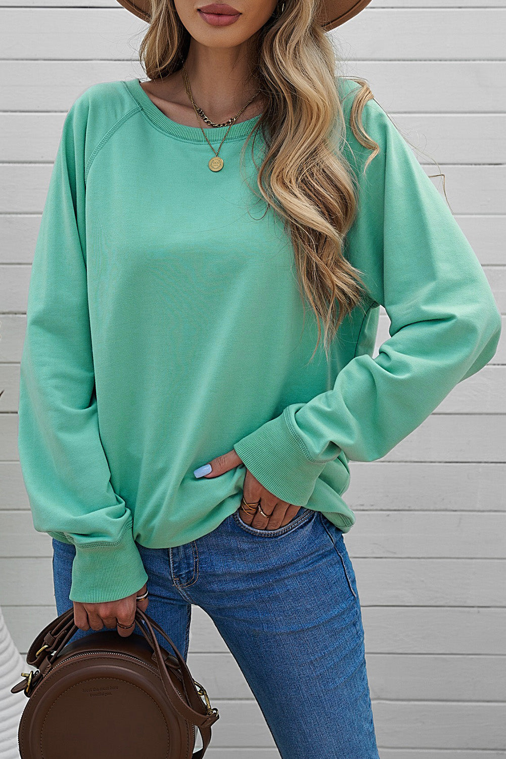 Green Cotton Blend Pullover Sweatshirt