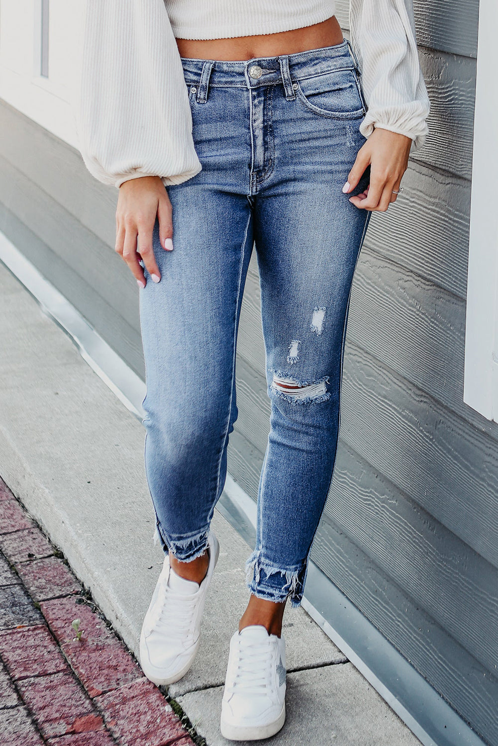 Frayed Ankle Light Blue Skinny Jeans