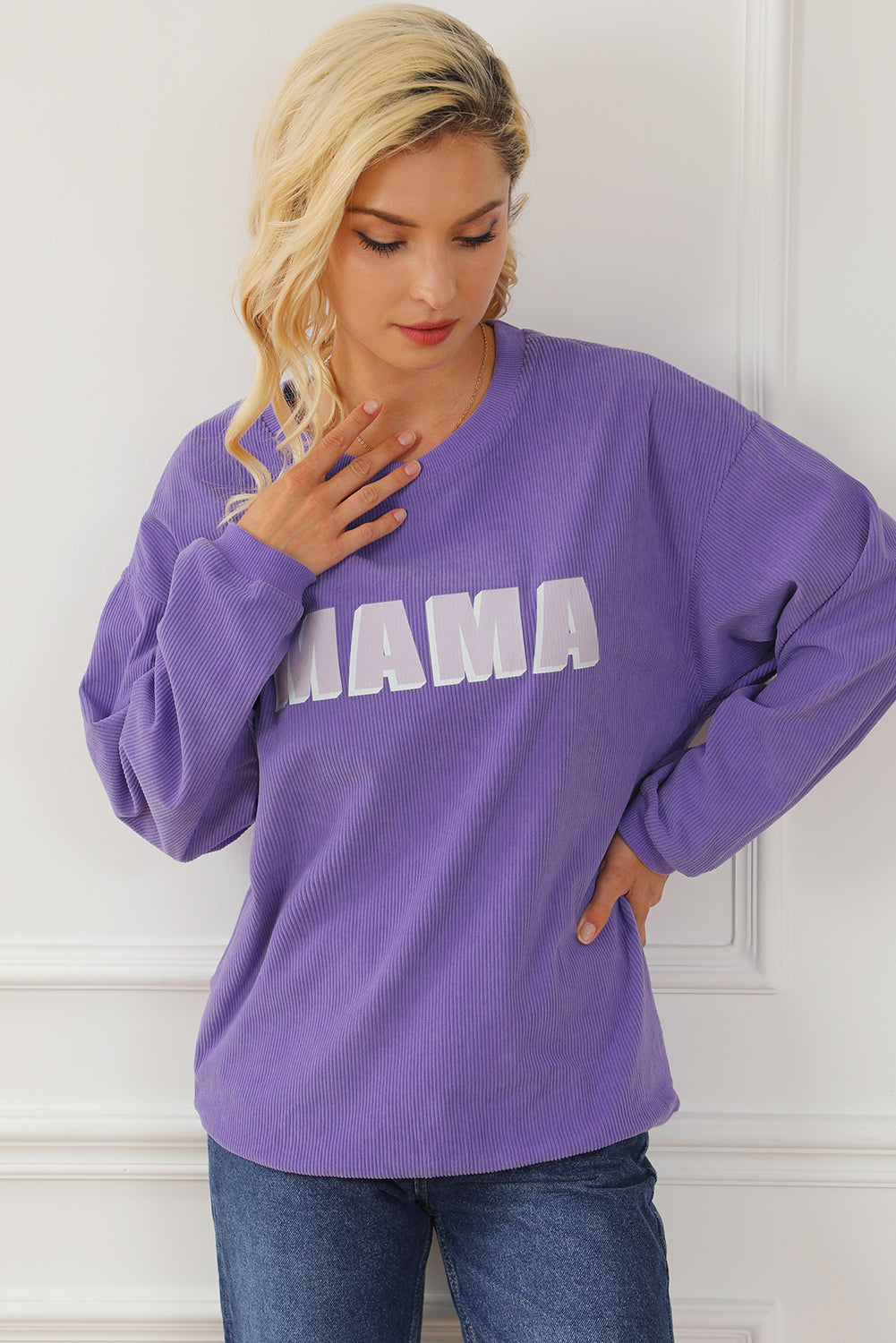 Purple MAMA Ribbed Crew Neck Pullover Sweatshirt