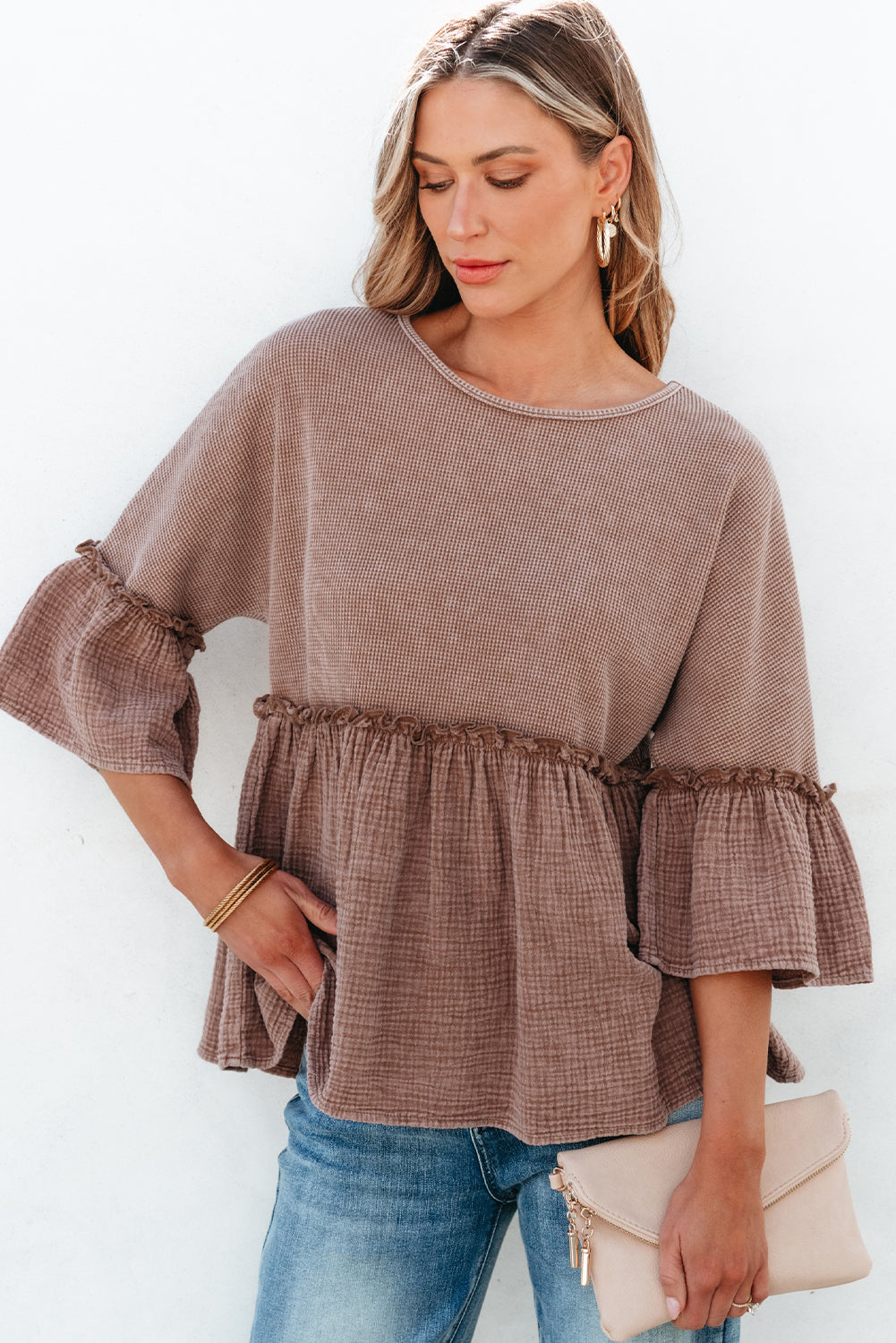 Multicolor 3/4 Ruffled Sleeve Textured Peplum Top