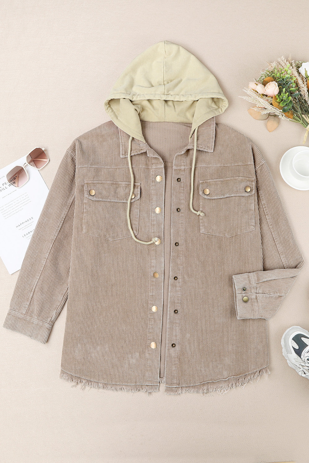 Khaki Hooded Corduroy Shacket