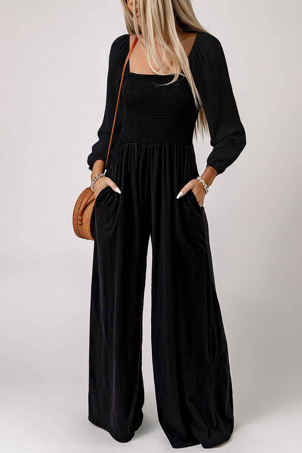 Black Smocked Square Neck Wide Leg Jumpsuit