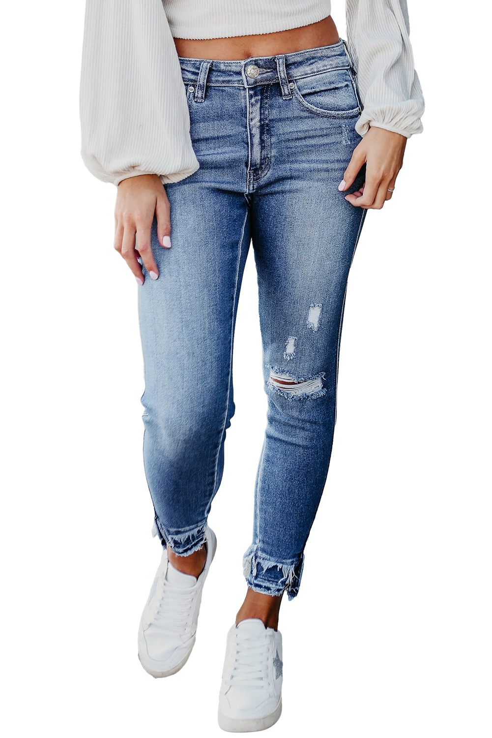 Frayed Ankle Light Blue Skinny Jeans