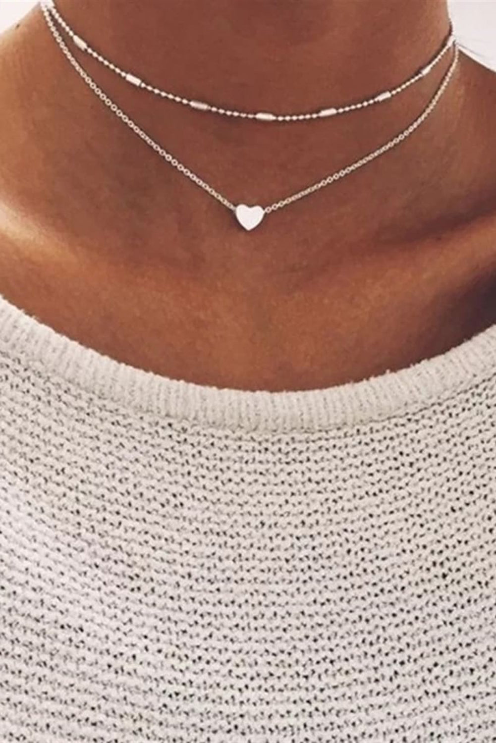 Valentine Heart Shaped Layered Chain Necklace (Silver)