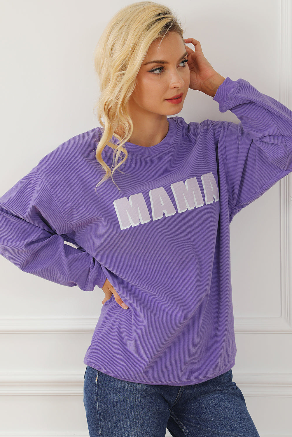 Purple MAMA Ribbed Crew Neck Pullover Sweatshirt