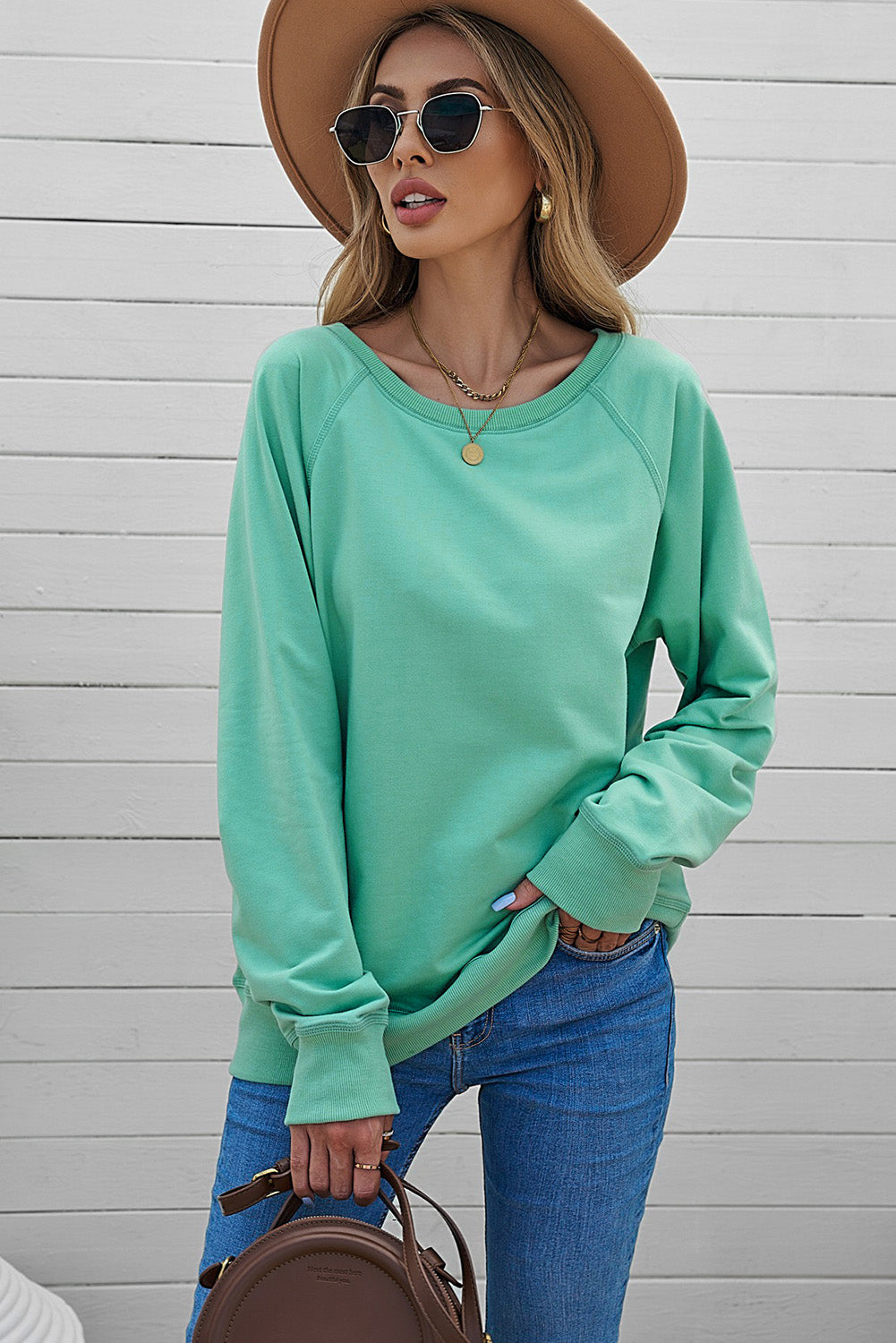 Green Cotton Blend Pullover Sweatshirt