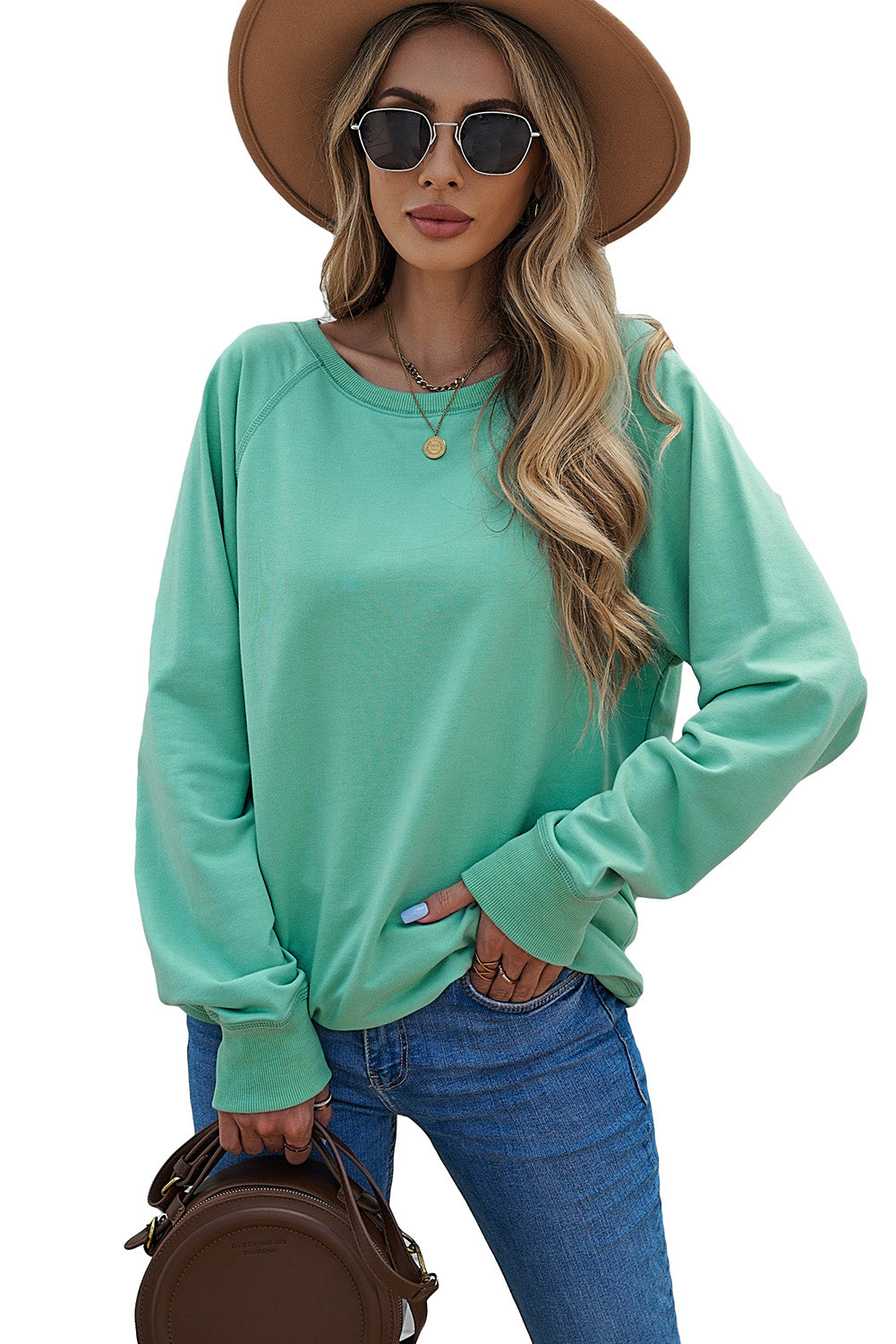 Green Cotton Blend Pullover Sweatshirt