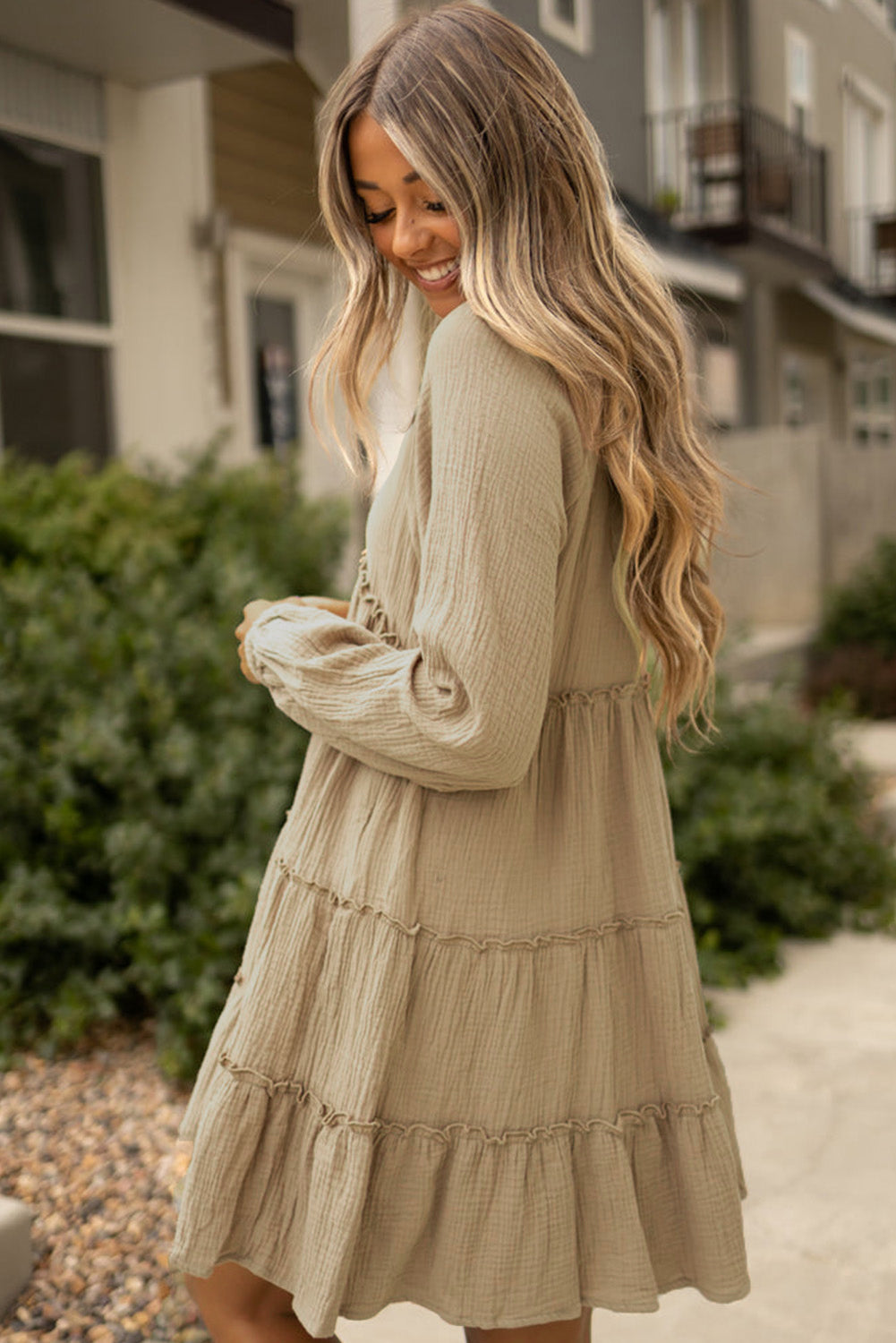 Khaki Cotton Crepe Mini Dress