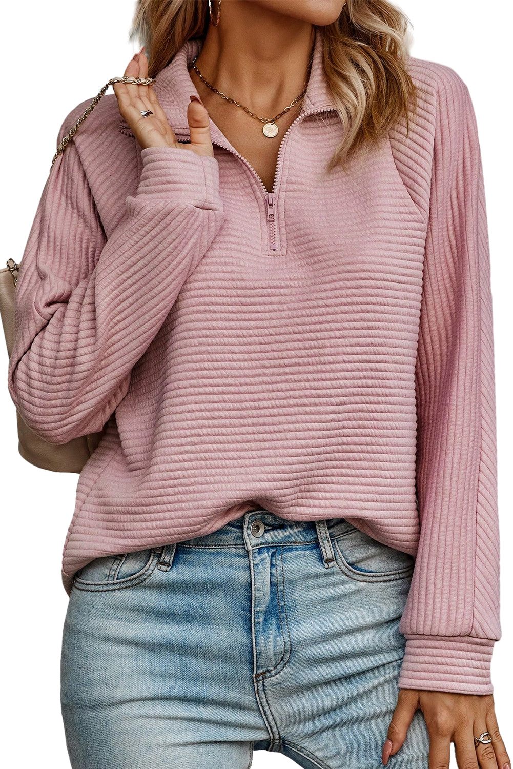 Peach Ribbed Quarter Zip