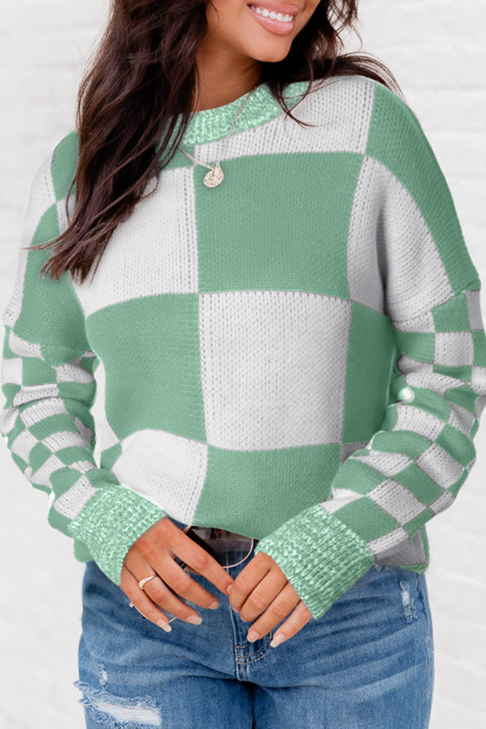 Mint Green Checkered Sweater