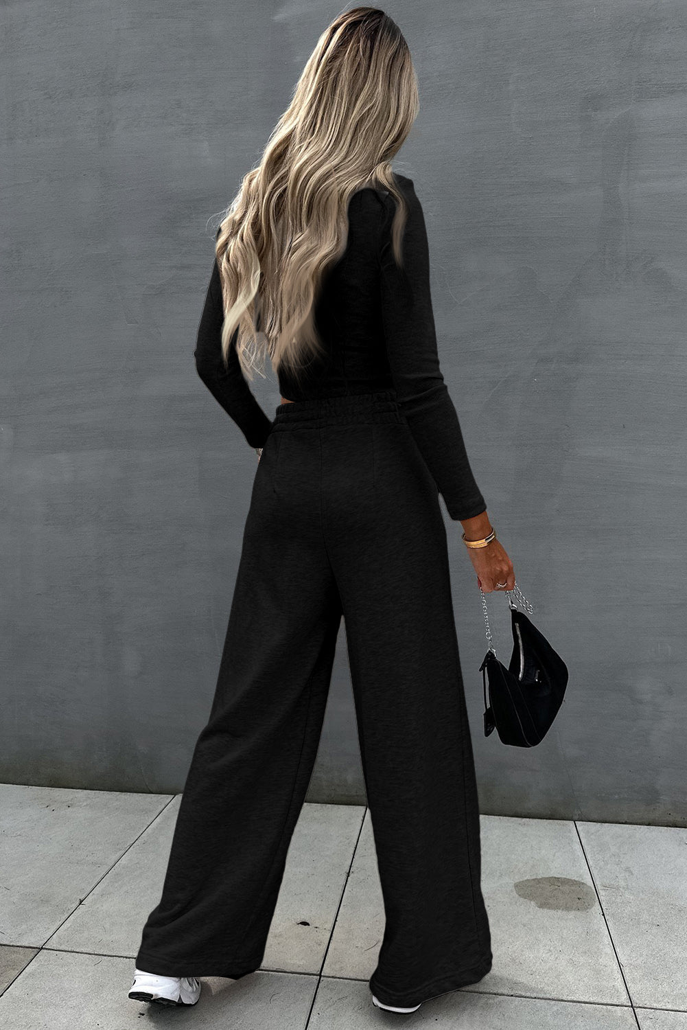 Black Crop Top and Wide Leg Pants Two Piece Set