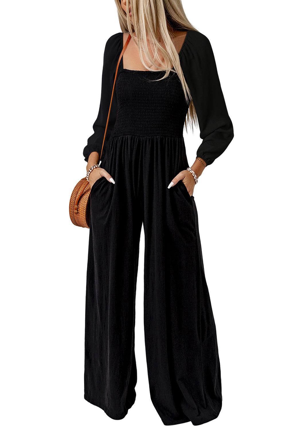 Black Smocked Square Neck Wide Leg Jumpsuit