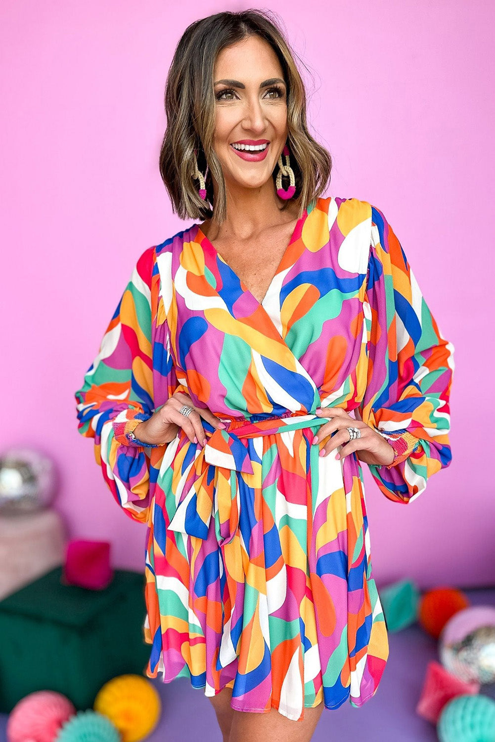 Psychedelic Love Belted Puff Sleeve Mini