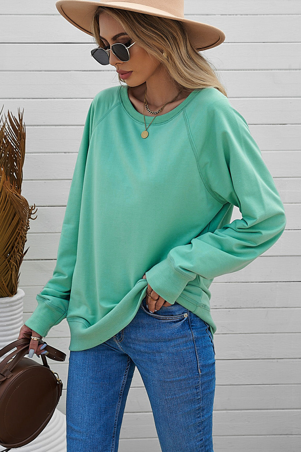 Green Cotton Blend Pullover Sweatshirt