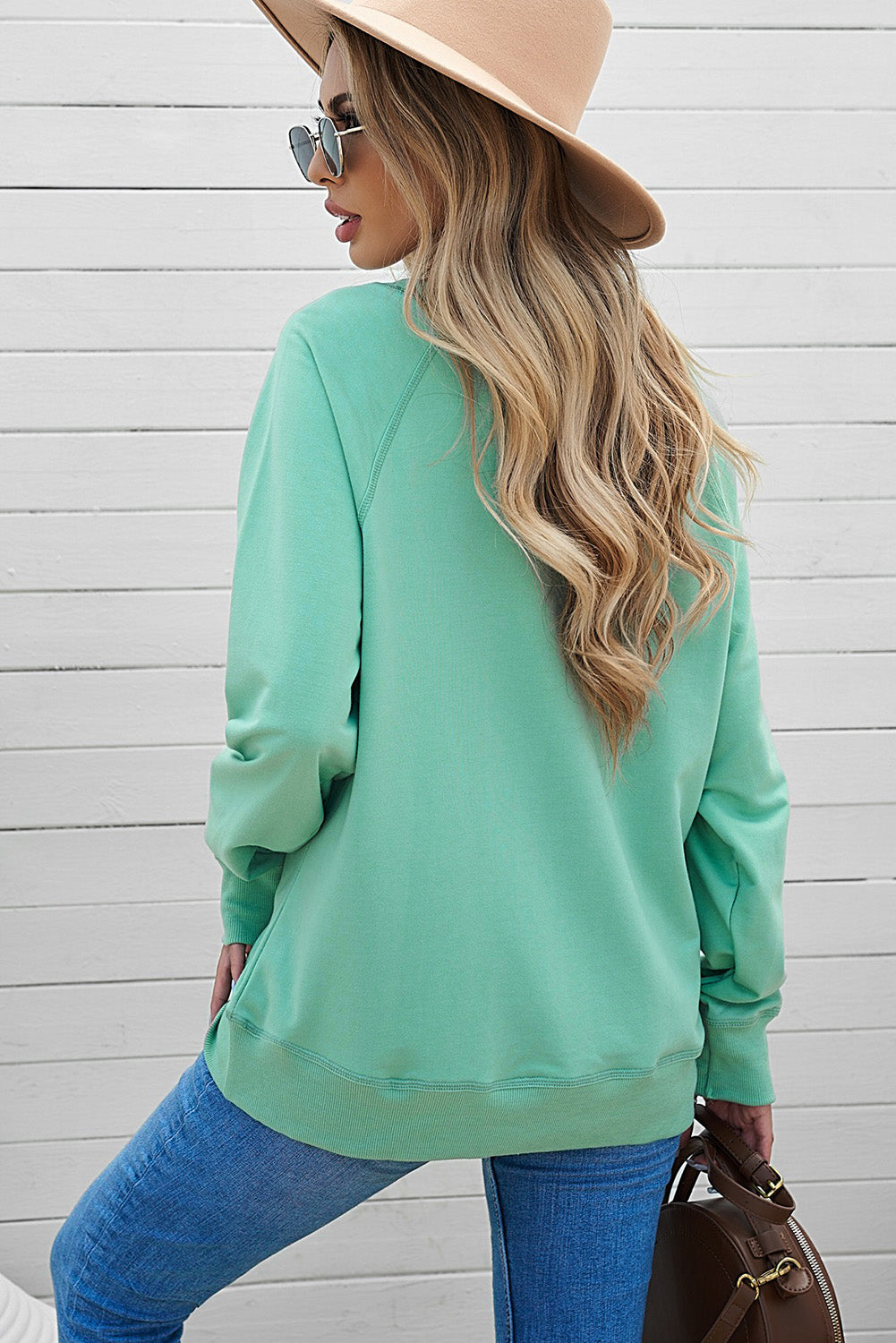 Green Cotton Blend Pullover Sweatshirt